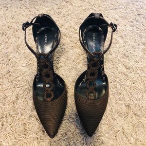 Giorgio Armani Brown T Strap Embossed Pumps New Women’s Size 7.5
